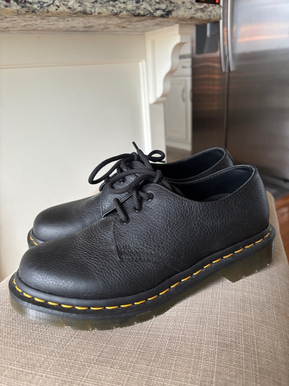 Dr. Martens Black Leather Lace-Up Oxfords with Yellow Stitching